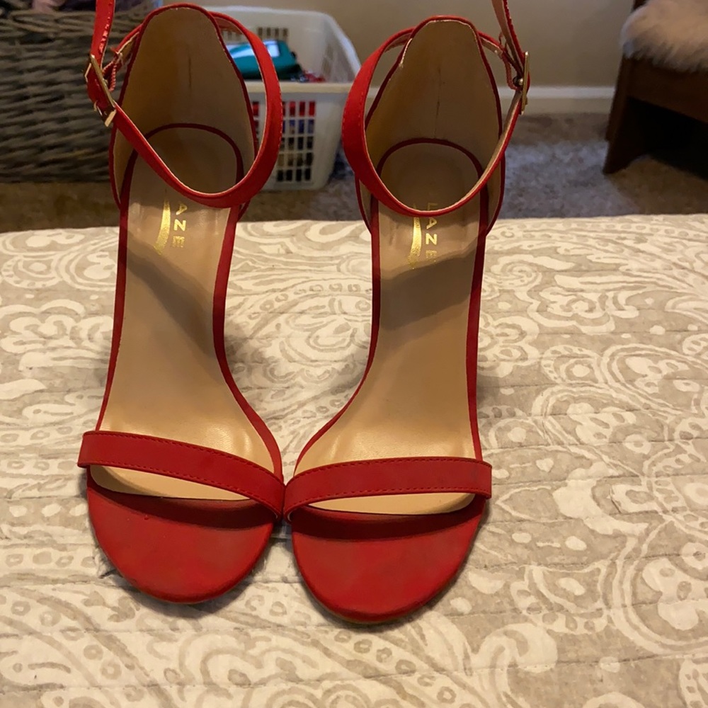 Red open toe heels, 4 1/2 inch heel height